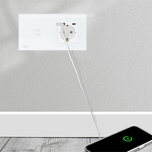 PNI SH115W simple glass switch with touch, combined with Schuko socket and USB plugs