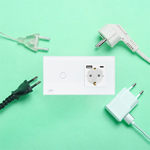 PNI SH115W simple glass switch with touch, combined with Schuko socket and USB plugs