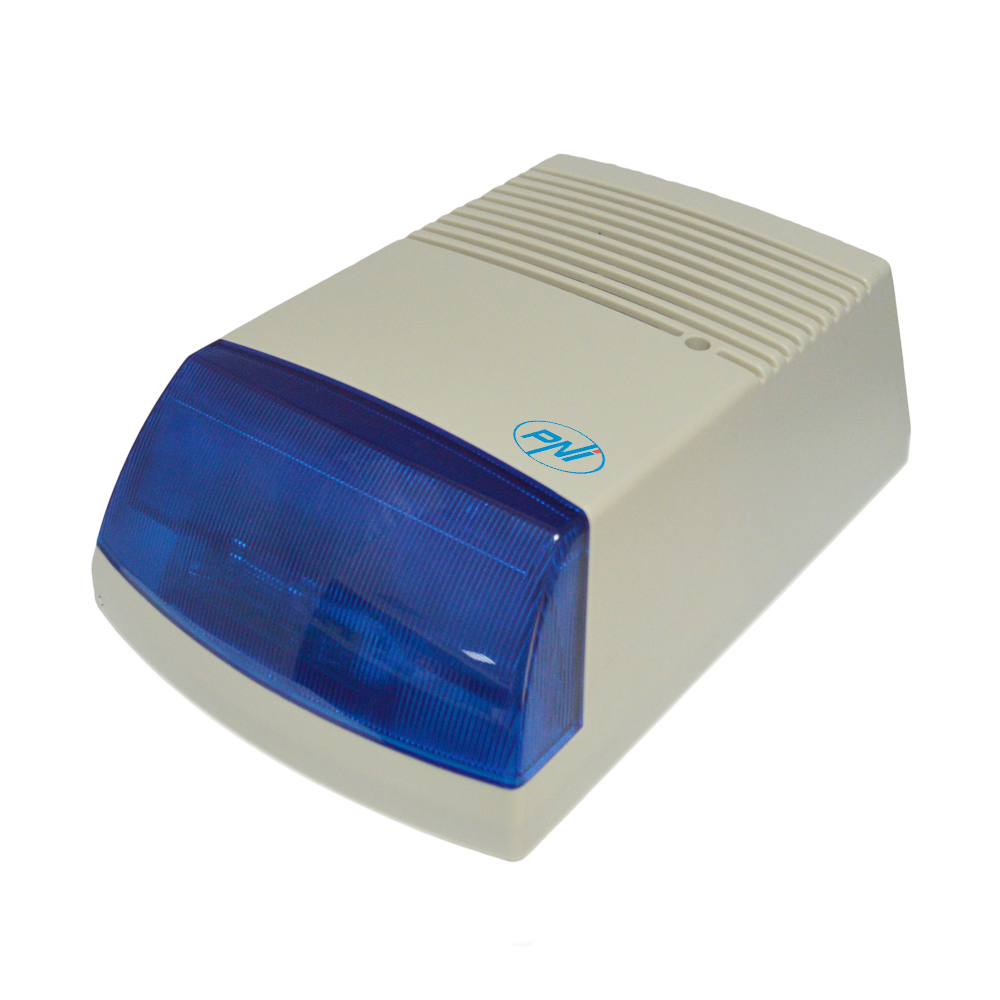 Sirena de exterior cu fir PNI S001 120 dB pentru sisteme de detectie efractie acumulator inclus 12V