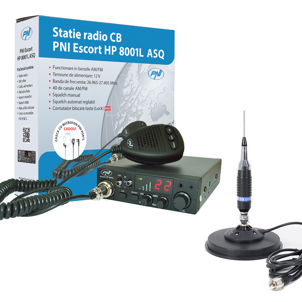 Kit Statie radio CB PNI ESCORT HP 8001L ASQ + Antena CB PNI S9 cu magnet Sirio DV MAG 145S Diametru 157mm