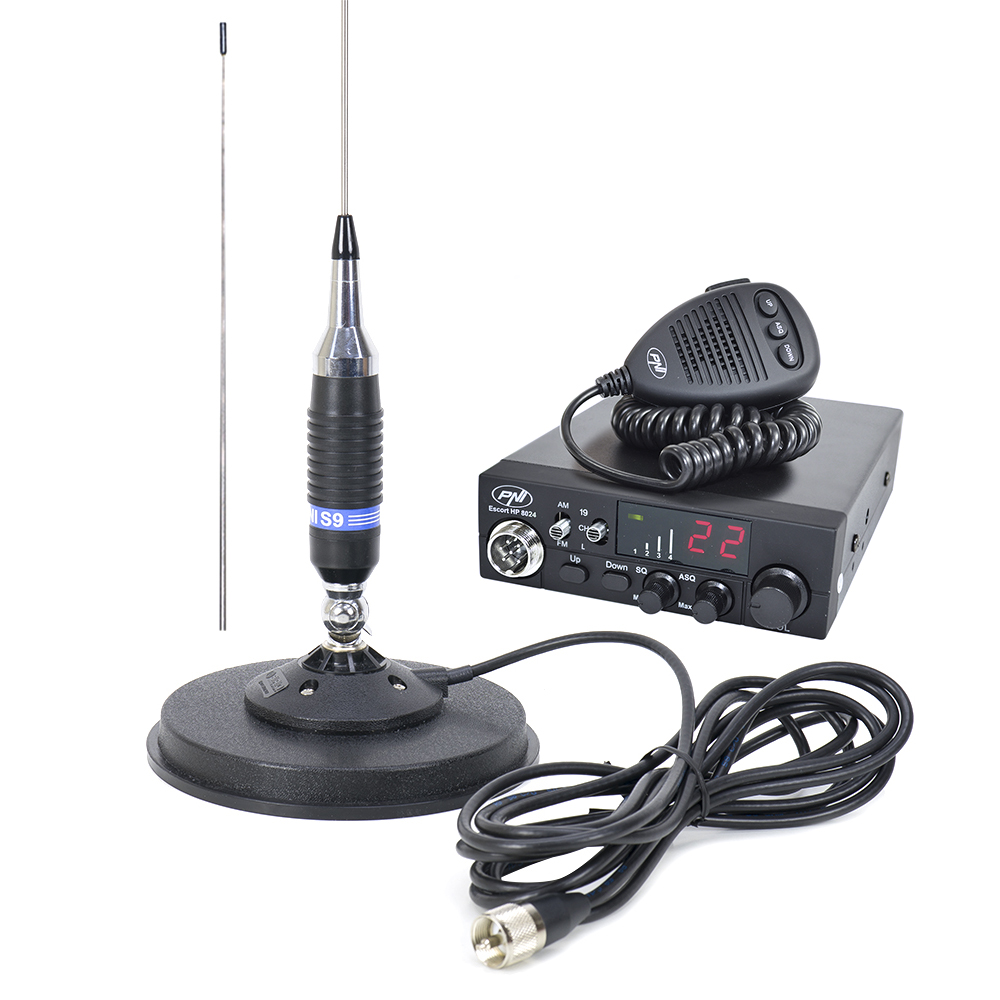 Kit Statie radio CB PNI ESCORT HP 8024 ASQ + Antena CB PNI S9 cu magnet Sirio DV MAG 145S Diametru 157mm