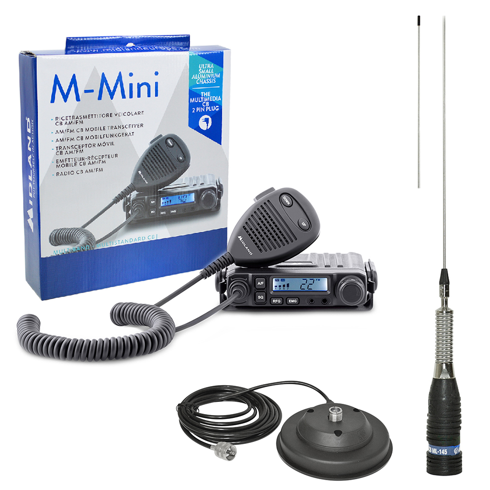 Kit Statie radio CB Midland M-Mini cu mufa de bricheta + Antena Midland ML145 cu magnet