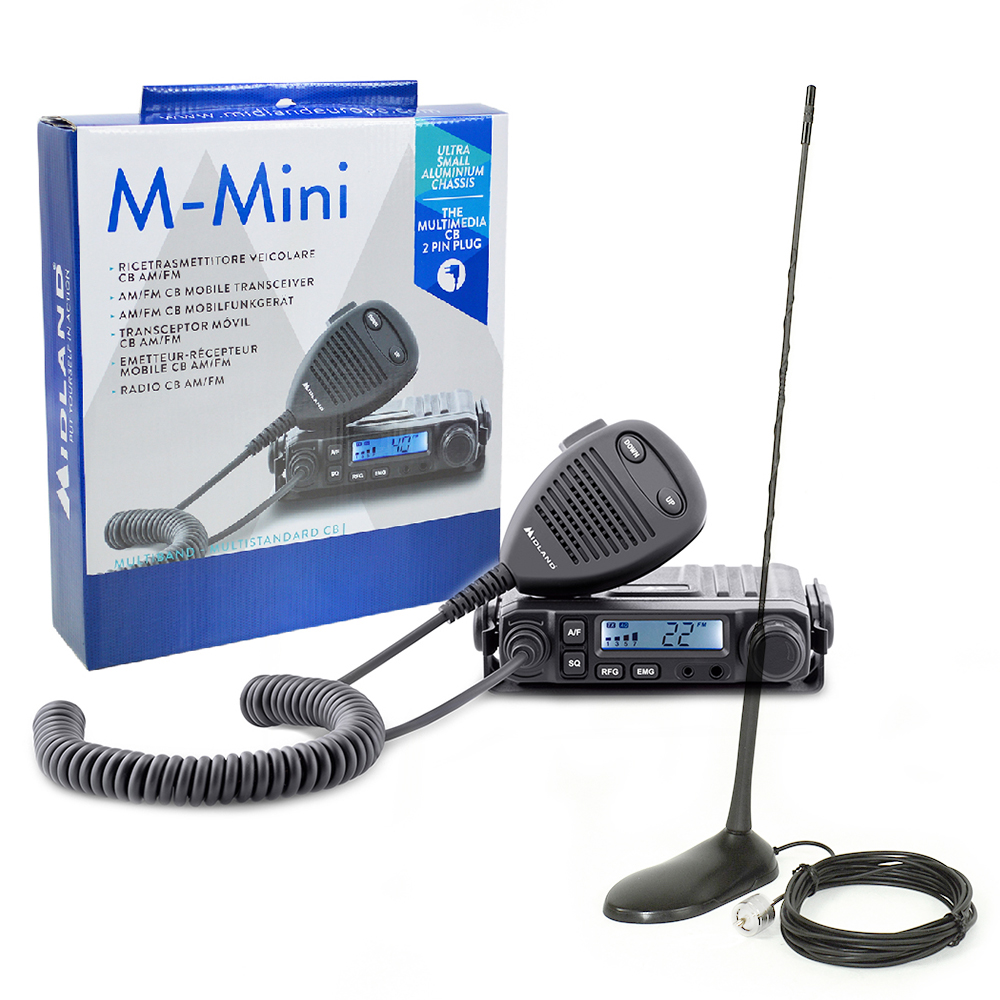 Kit Statie radio CB Midland M-Mini cu mufa de bricheta + Antena PNI Extra 45 cu magnet
