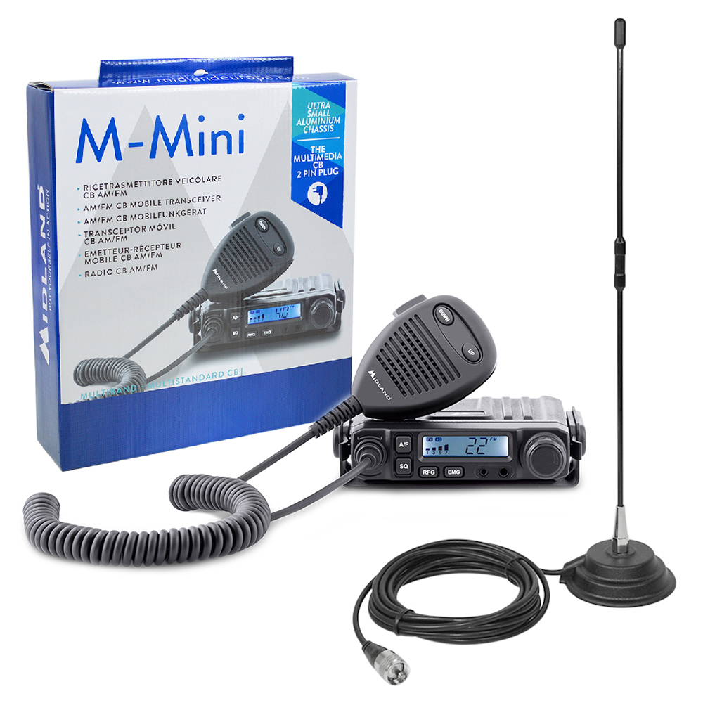 Kit Statie radio CB Midland M-Mini cu mufa de bricheta + Antena PNI Extra 40 cu magnet