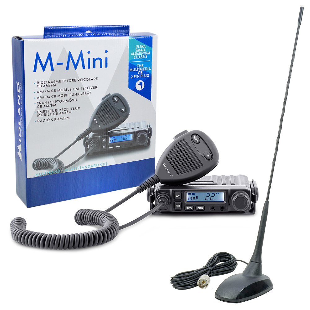 Kit Statie radio CB Midland M-Mini cu mufa de bricheta + Antena PNI Extra 48 cu magnet