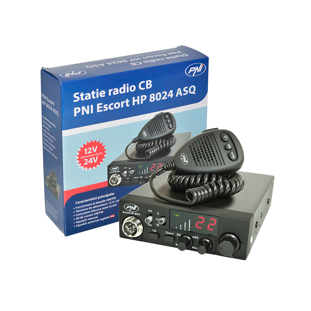 Kit Statie radio CB PNI ESCORT HP 8024 ASQ 12/24V + Carcasa 1DIN + Antena CB PNI ML160 Fara cablu