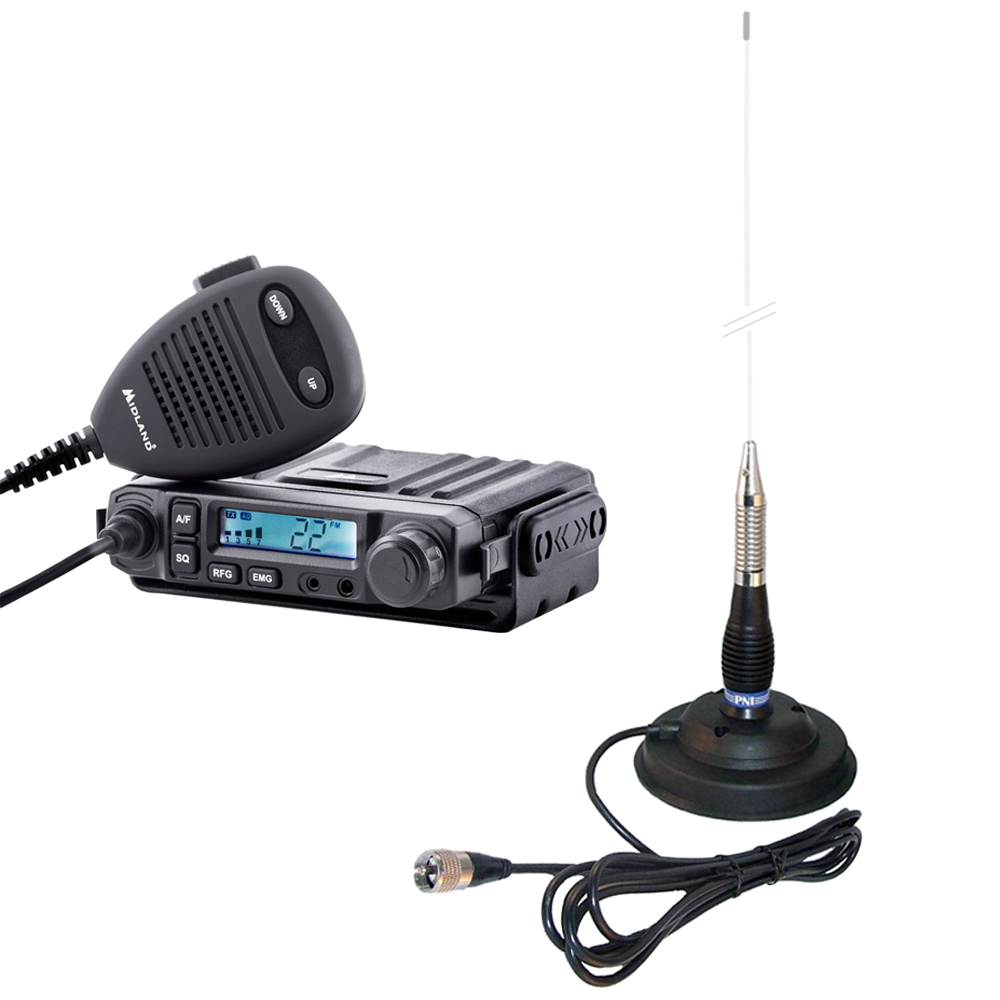 Kit Statie radio CB Midland M-MINI + Antena PNI ML100 cu lungime 100 cm si magnet 125mm inclus