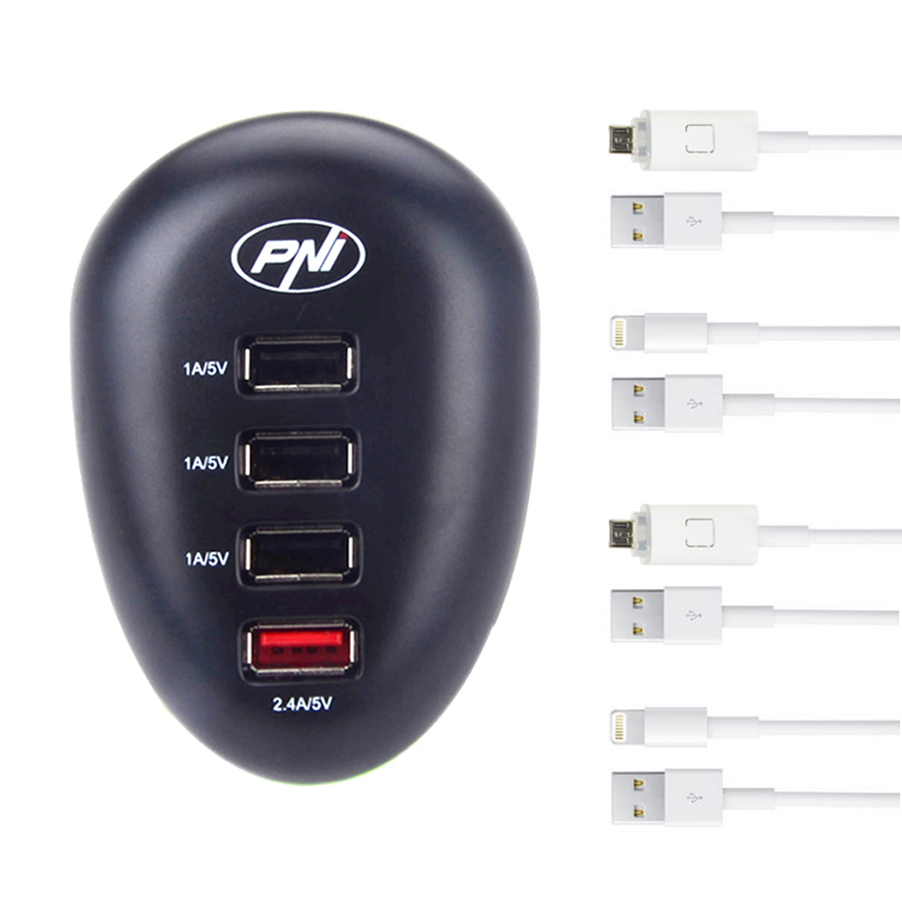 Kit incarcare USB PNI HC41 cu 2 cabluri Lightning si 2 Micro USB pentru telefoane, tablete, aparate foto