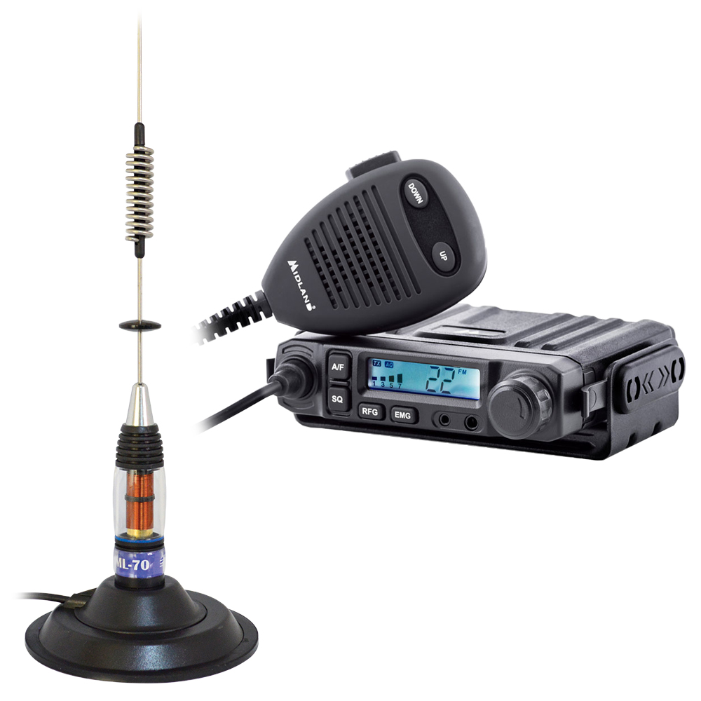 Kit Statie radio CB Midland M-MINI + Antena PNI ML70 lungime 70cm cu magnet 145mm