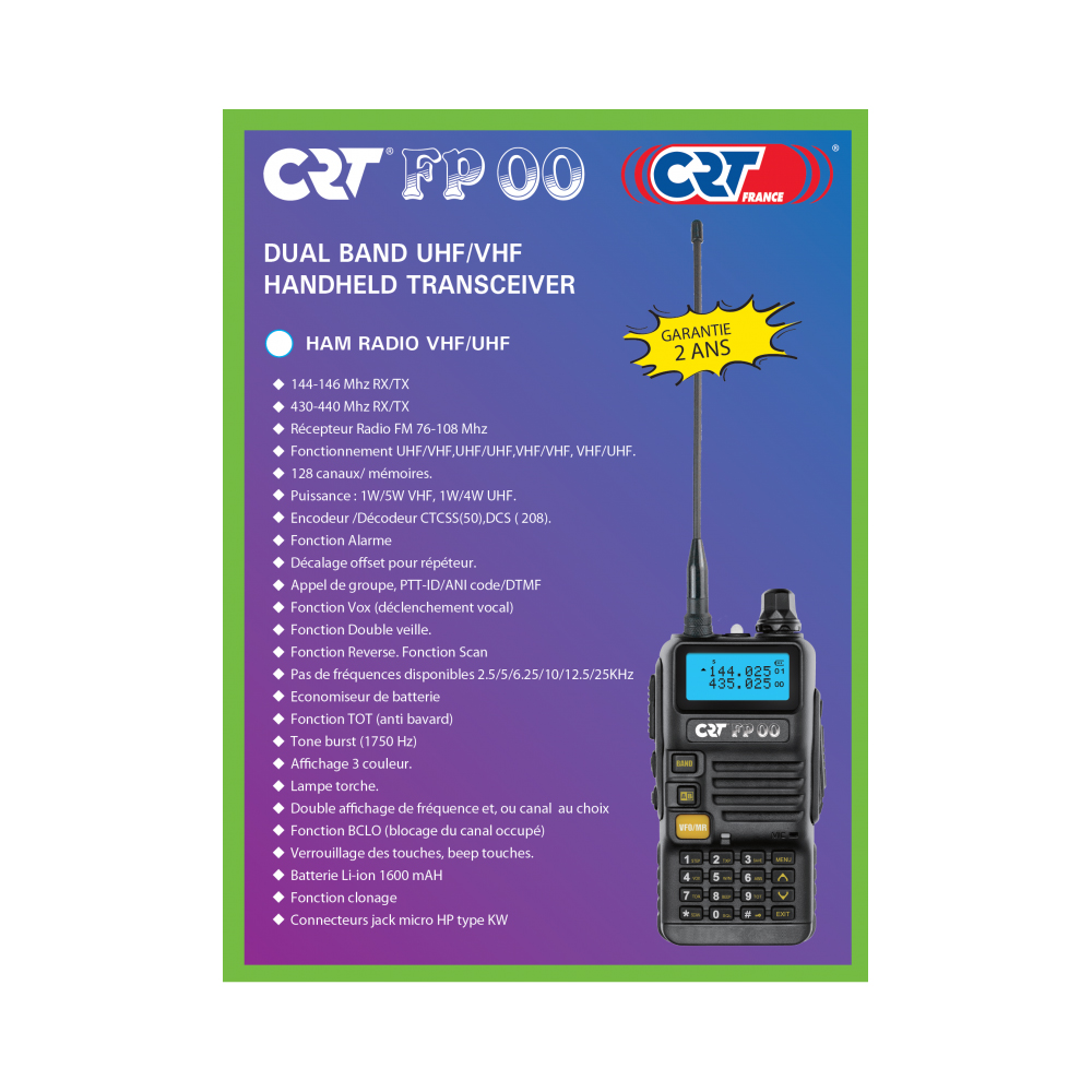 Statie radio VHF/UHF portabila CRT FP00 dual band 136-174 si 400-440 MHz culoare Negru, VOX, 128 canale, Scan, Programabila, Lanterna, FM radio, T.O.T, Repeater image2