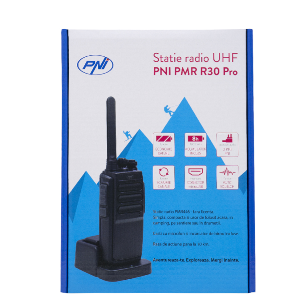Statie radio portabila PNI PMR R30 Pro, 1 buc, acumulator 1200 mAh, ASQ, TOT, Monitor, port micro USB, incarcator si casca incluse