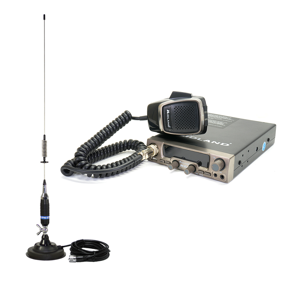 Pachet statie radio CB Midland M20 cu USB, ASQ Digital, S-Metru digital 4W 12V + Antena PNI S75 cu fluture si magnet 125mm