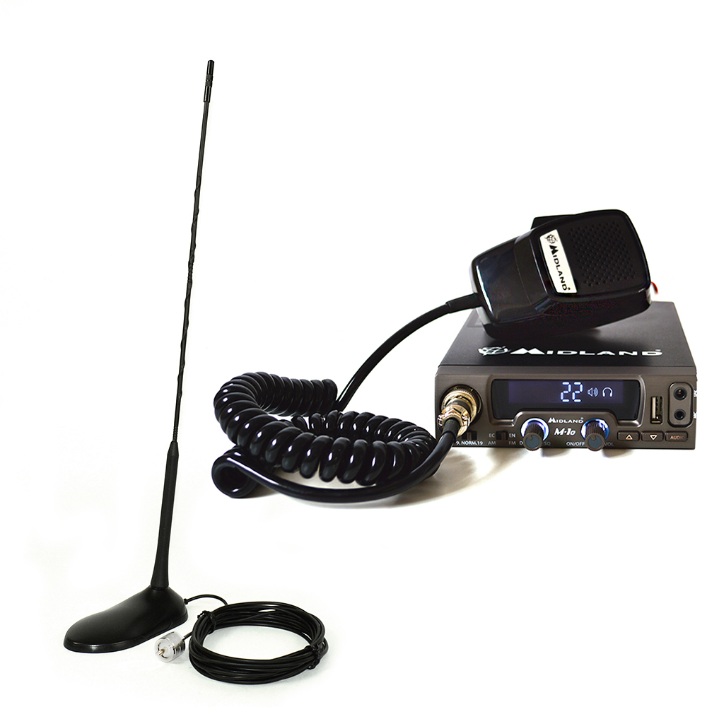 Pachet statie radio CB Midland M10 ASQ Digital 4W 12V port USB + Antena PNI Extra 45 cu magnet inclus, lungime 45 cm, SWR 1.0