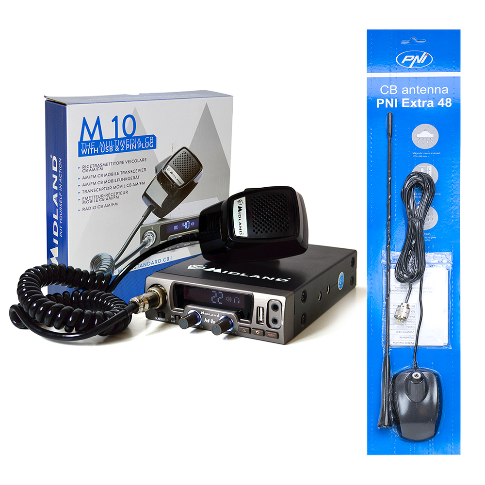 Pachet statie radio CB Midland M10 ASQ Digital + Antena PNI Extra 48 cu magnet