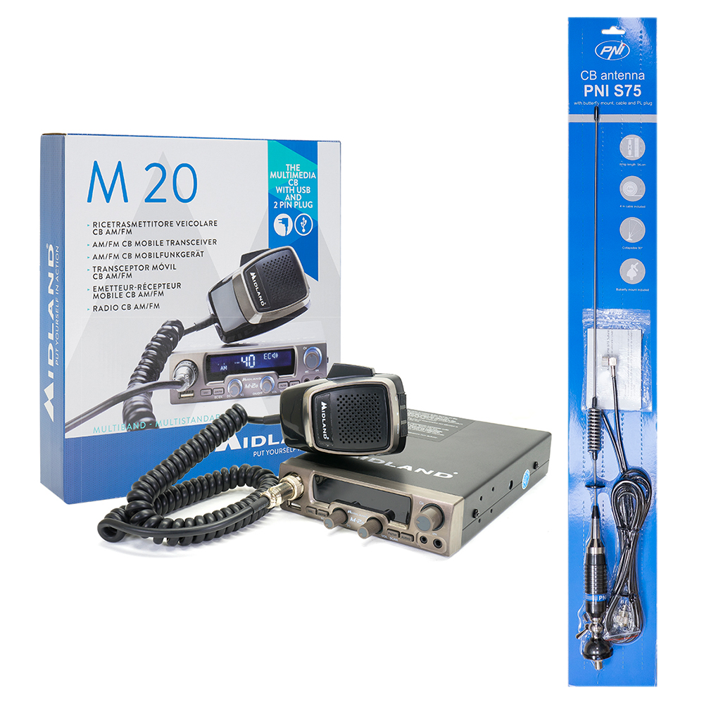 Pachet statie radio CB Midland M20 ASQ Digital + Antena PNI S75 cu cablu si montura fixa