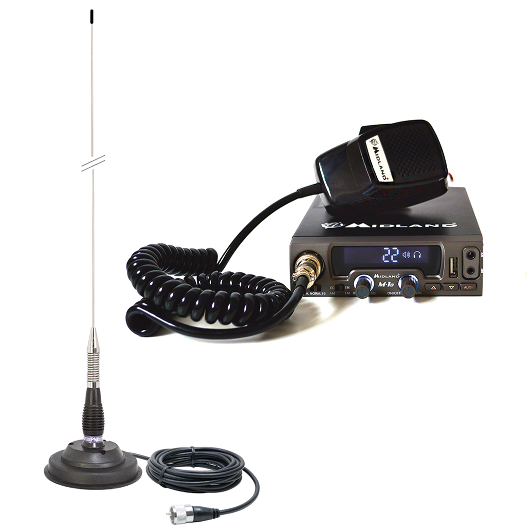 Kit Statie radio CB Midland M10 ASQ Digital + Antena PNI ML100 cu magnet