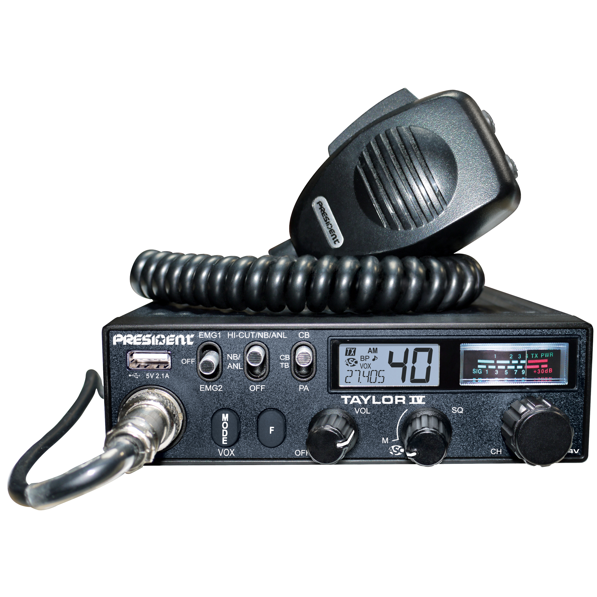 Statie radio CB President TAYLOR IV ASC, Roger Beep, Scan, ANL Filter, 4W, 12V/24V cu Display multicolor