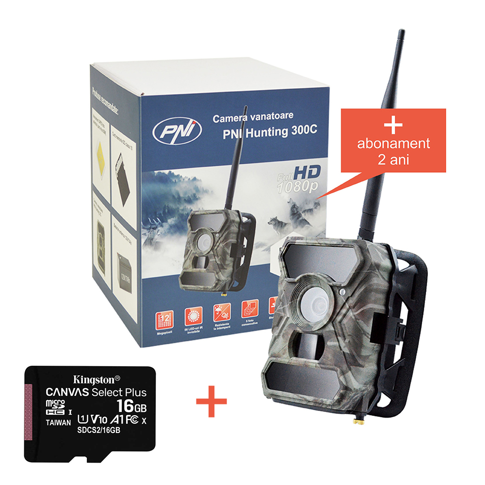 Camera vanatoare PNI Hunting 300C Full HD 3G 12MP Night Vision 56LED + Card 16GB + Abonament 2 ani Internet si SMS