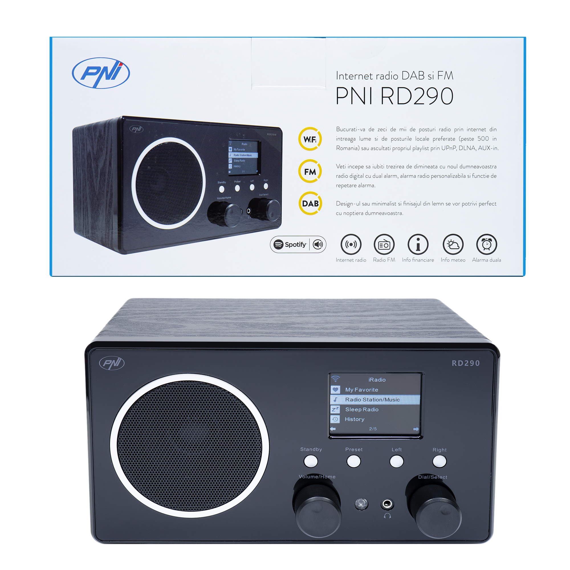 Internet radio DAB si FM PNI RD290 prin Wi-Fi, analog FM, Spotify Connect, APP Air Music Control, DLNA si UPnP, Dual Alarm, AUX-in 3.5, Line-out 3.5, ecran color 2.4 inch image12