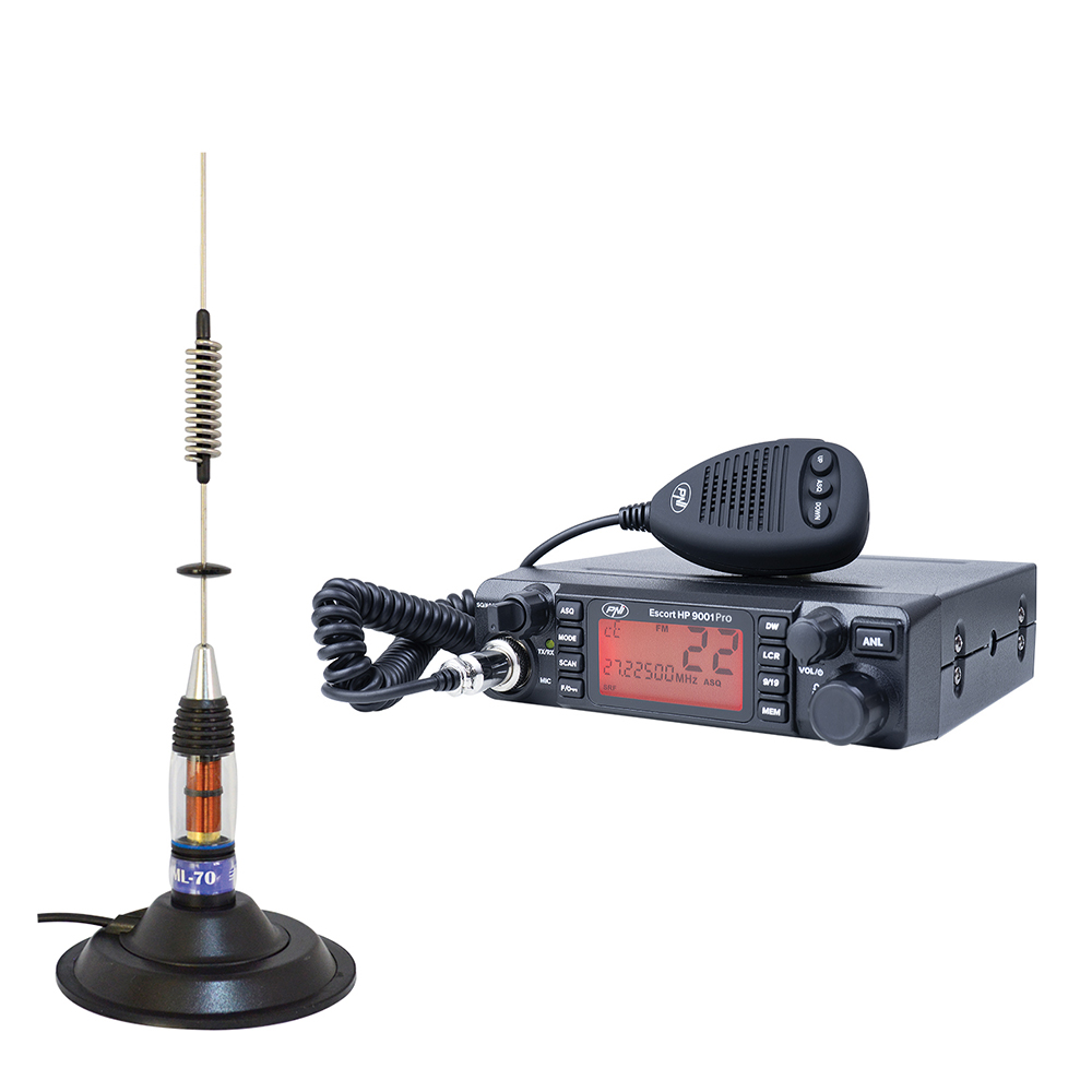 Kit Statie radio CB PNI ESCORT HP 9001 PRO ASQ reglabil, AM-FM, 12V, 4W + Antena CB PNI ML70 26-30MHz, 200W, 70cm, magnet 145 mm inclus