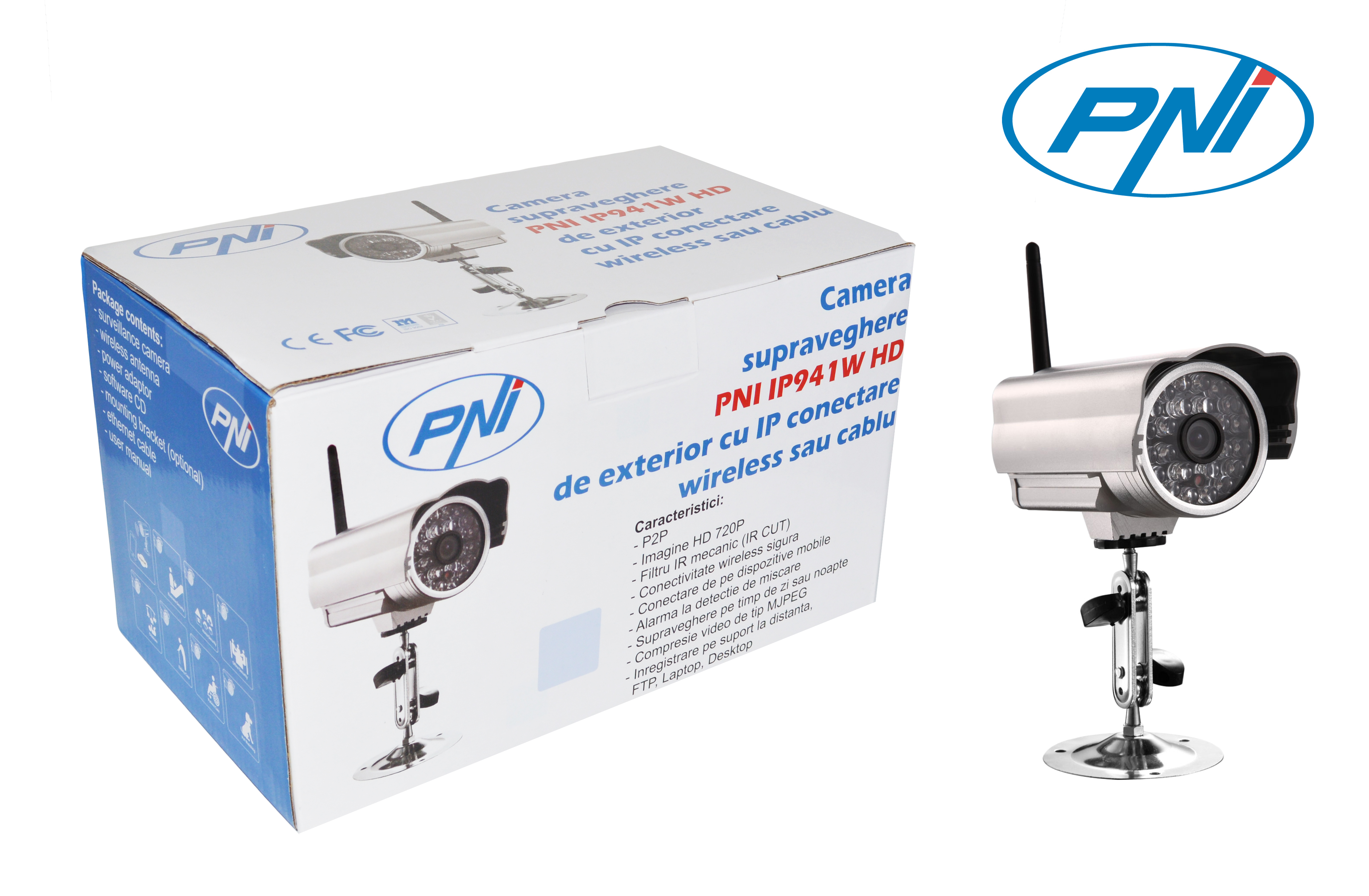 Camera supraveghere cu IP PNI IP941W HD 720p de exterior conectare wireless sau cablu