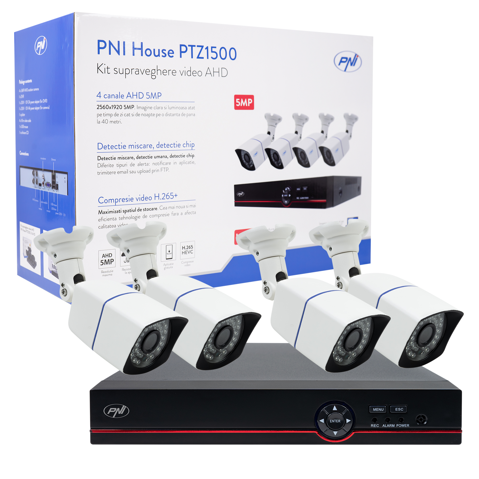 Kit de videovigilancia AHD PNI House PTZ1500 5MP - DVR y 4 cámaras exteriores