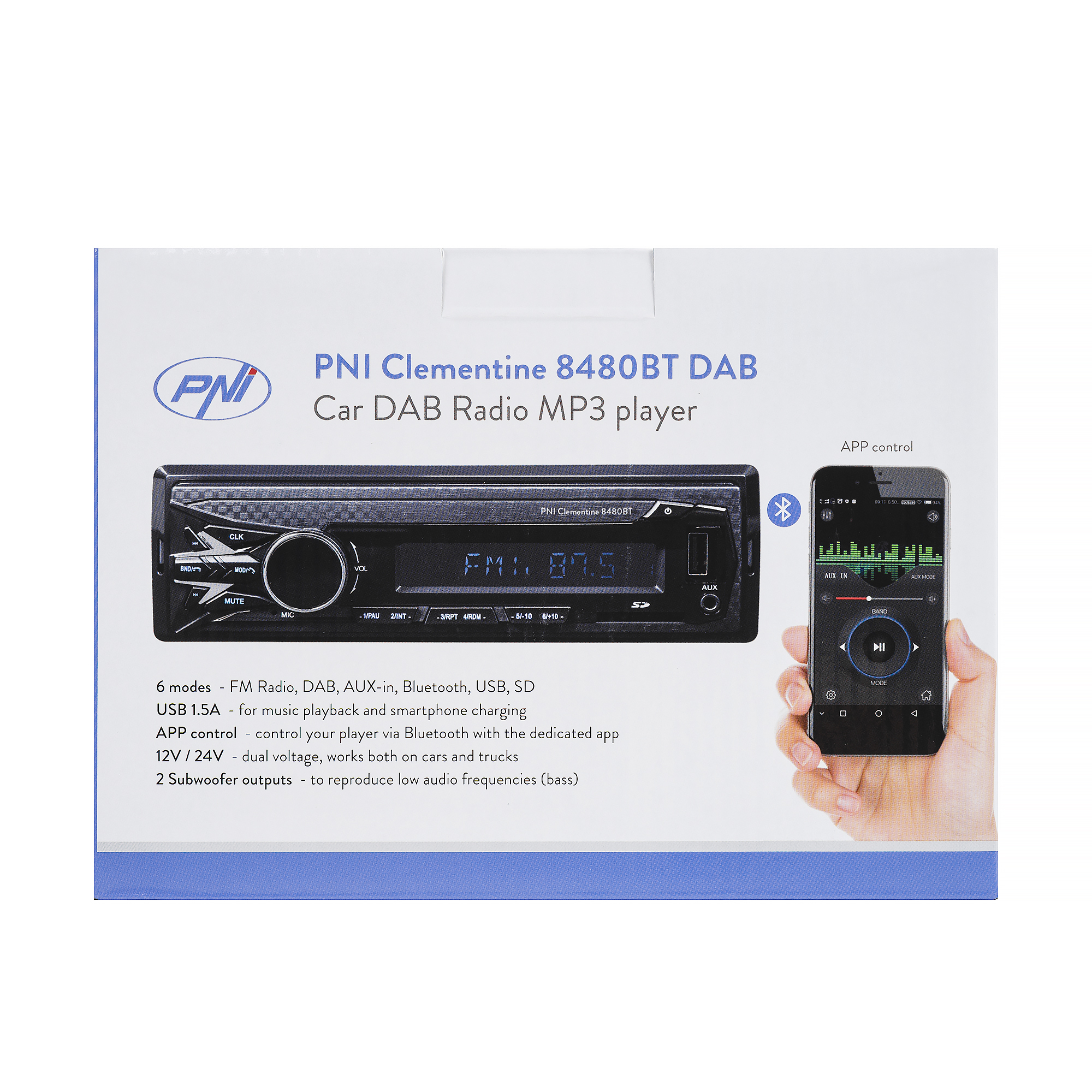 DAB si RDS radio MP3 player auto PNI Clementine 8480BT 4x45w, 12/24V, 1 DIN, cu SD, USB, AUX, RCA, Bluetooth si USB 1.5A pentru incarcare telefon image1