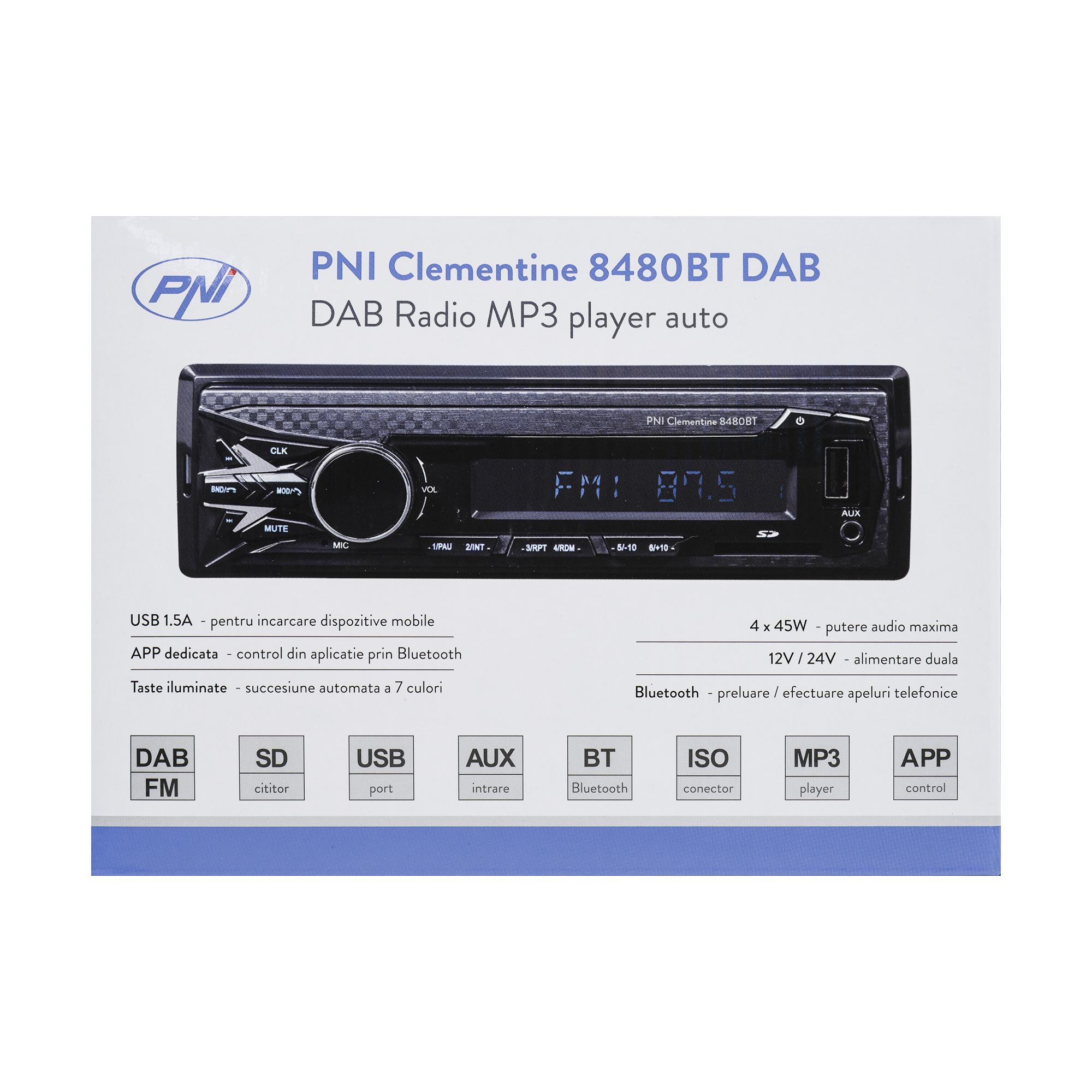 DAB si RDS radio MP3 player auto PNI Clementine 8480BT 4x45w, 12/24V, 1 DIN, cu SD, USB, AUX, RCA, Bluetooth si USB 1.5A pentru incarcare telefon image2