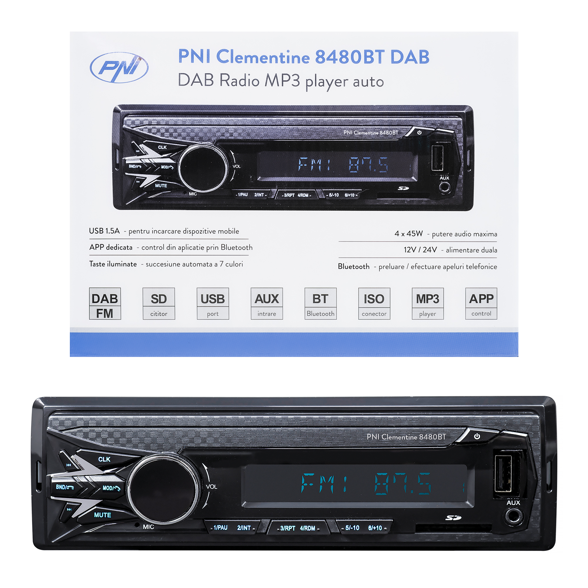 DAB si RDS radio MP3 player auto PNI Clementine 8480BT 4x45w, 12/24V, 1 DIN, cu SD, USB, AUX, RCA, Bluetooth si USB 1.5A pentru incarcare telefon image7