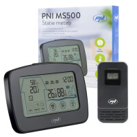 PNI MS500 weather station with wireless external sensor, displays indoor and outdoor temperature and humidity, memory of minimum and maximum climatic values