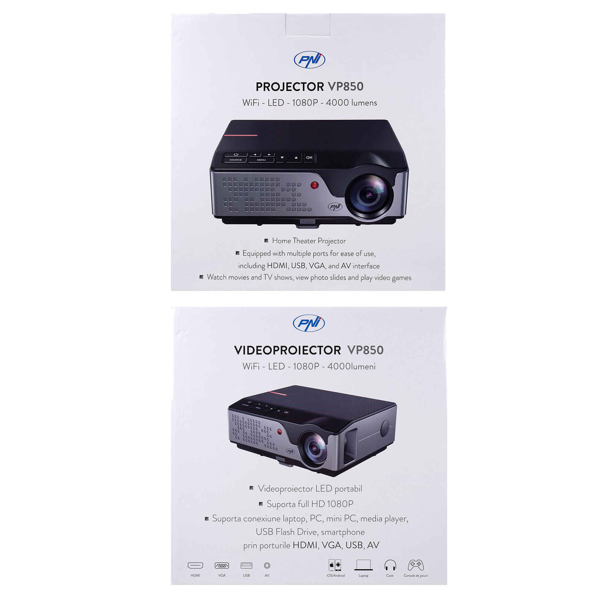 Videoproiector PNI VP850 WiFi, 1080p, cu lampa LED, 4000 lumeni, Air Play, Miracast, Player multimedia, Keystone PNI imagine noua 2022