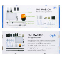 PNI MAB300 swing gate automation kit with 2 40W motors, remote controls and control panel, photocells and lamp, gate length 2 x 2.5m max, gate weight 200Kg