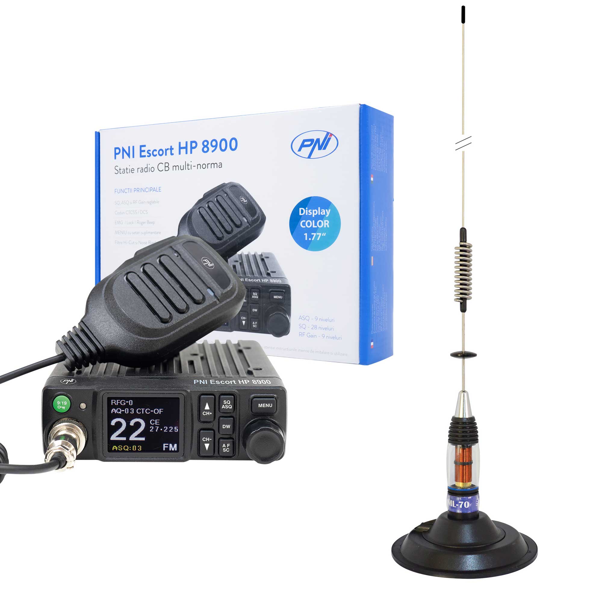 Pachet Statie radio CB PNI Escort HP 8900 ASQ, 12-24V + Antena CB PNI ML70, 70 cm cu baza magnetica 145 mm inclusa