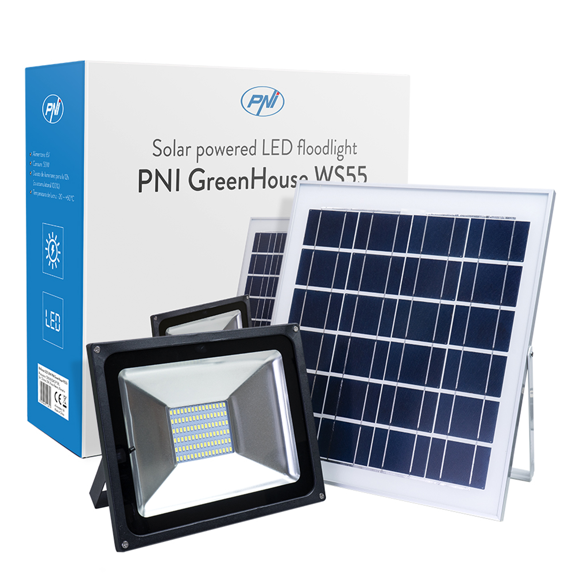 Reflector LED 50W PNI GreenHouse WS55 cu panou solar si acumulator PNI imagine noua 2022
