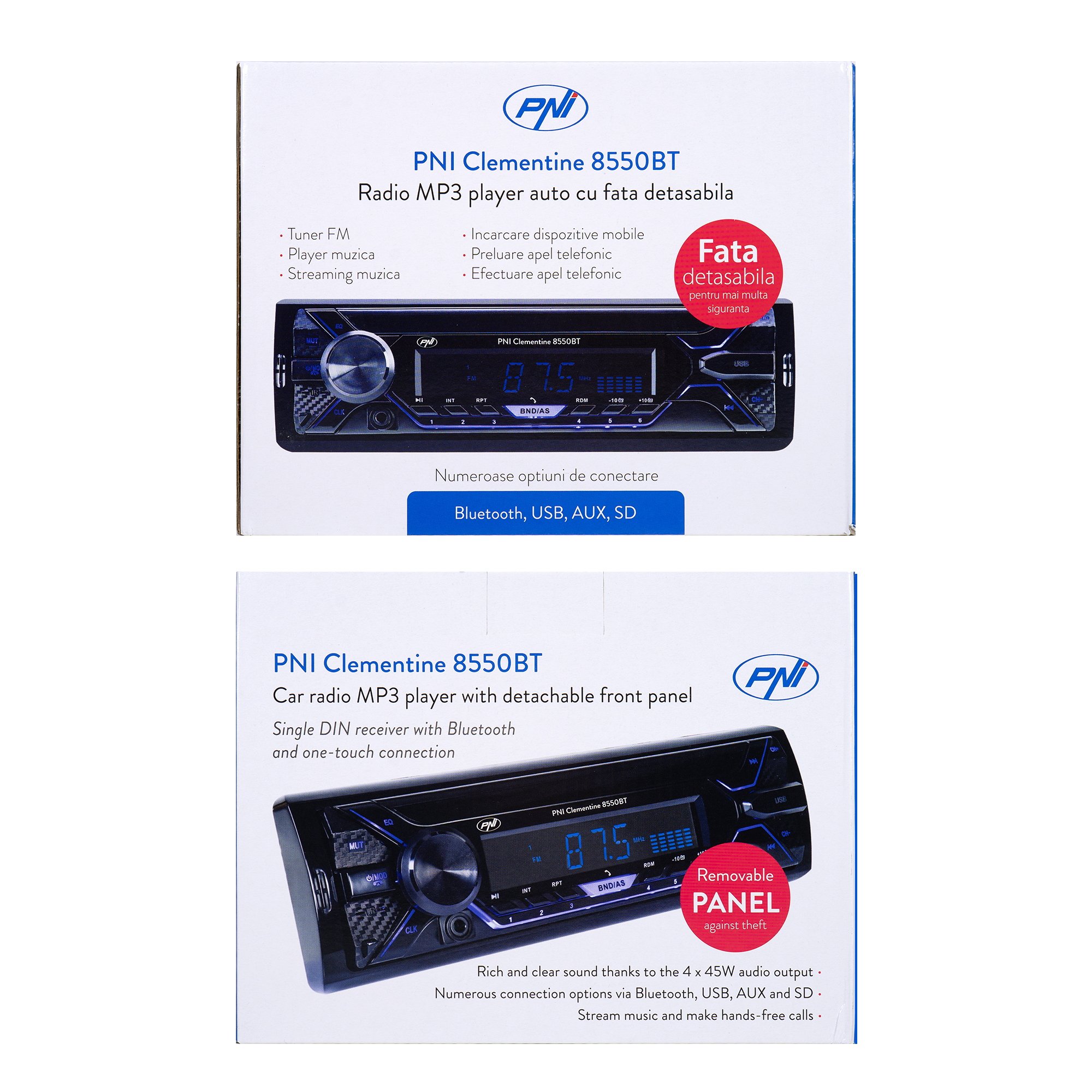 Radio MP3 player auto PNI Clementine 8550BT, fata detasabila, 4x45w, 12V, 1 DIN, cu SD, USB, AUX, RCA image3