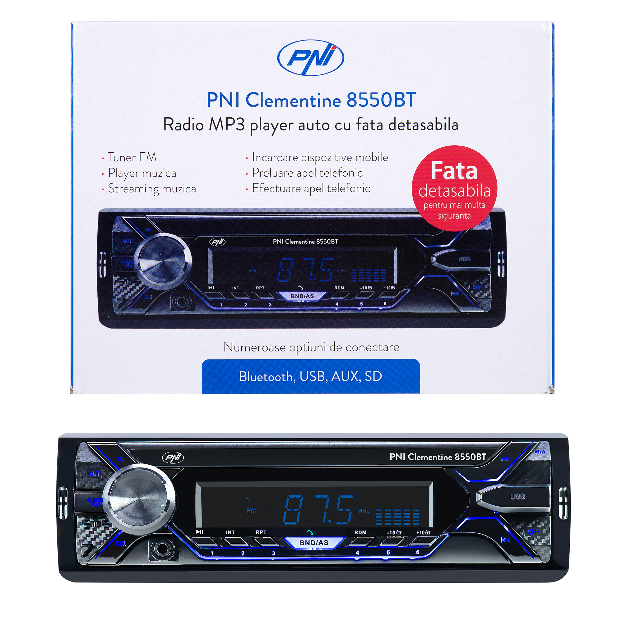 Radio MP3 player auto PNI Clementine 8550BT, fata detasabila, 4x45w, 12V, 1 DIN, cu SD, USB, AUX, RCA image5
