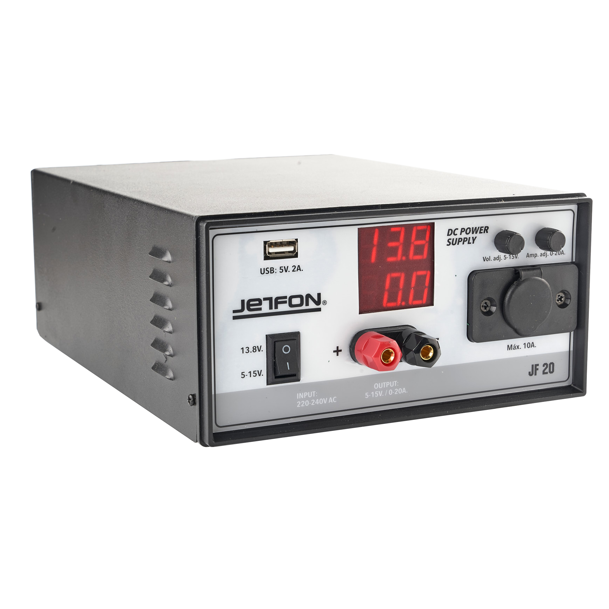 Sursa de tensiune PNI Jetfon JF-20, 5-15V reglabil, 13.8V fix, 5V USB, 0-20A, 220-240V, negru