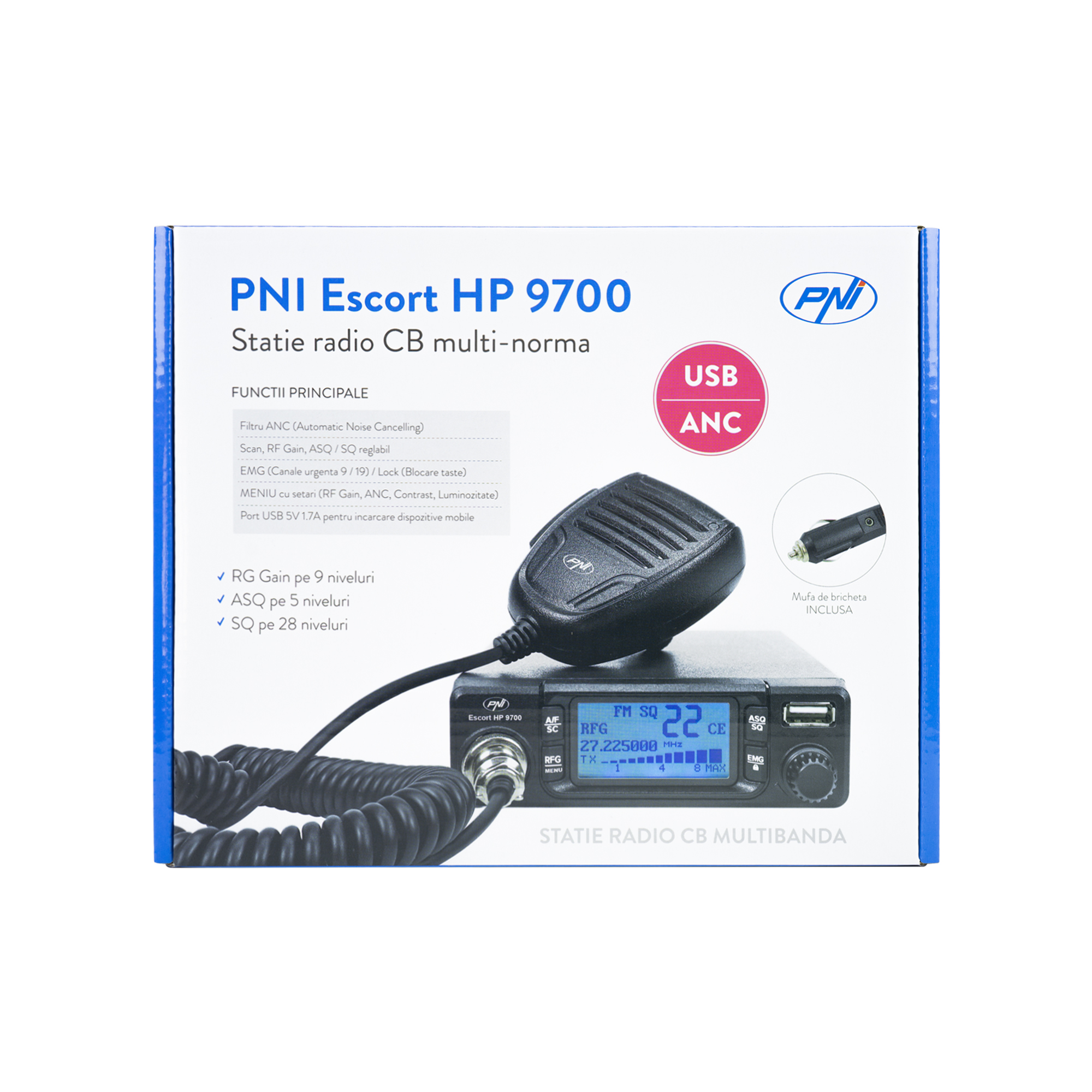 Pachet Statie radio CB PNI Escort HP 9700 USB si Antena CB PNI LED 2000 cu baza magnetica, alimentare 12V / 24V, mufa de bricheta inclusa, ASQ 5 niveluri - 5 | YEO