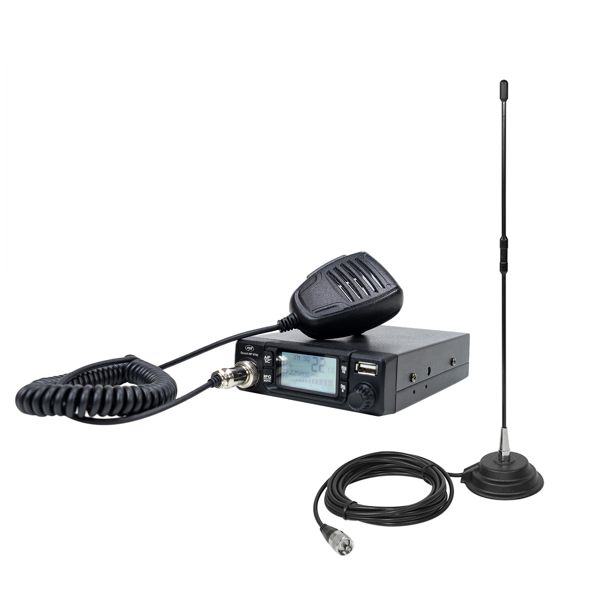 Pachet Statie radio CB PNI Escort HP 9700 USB si Antena CB PNI Extra 40 cu baza magnetica, alimentare 12V / 24V, mufa de bricheta inclusa