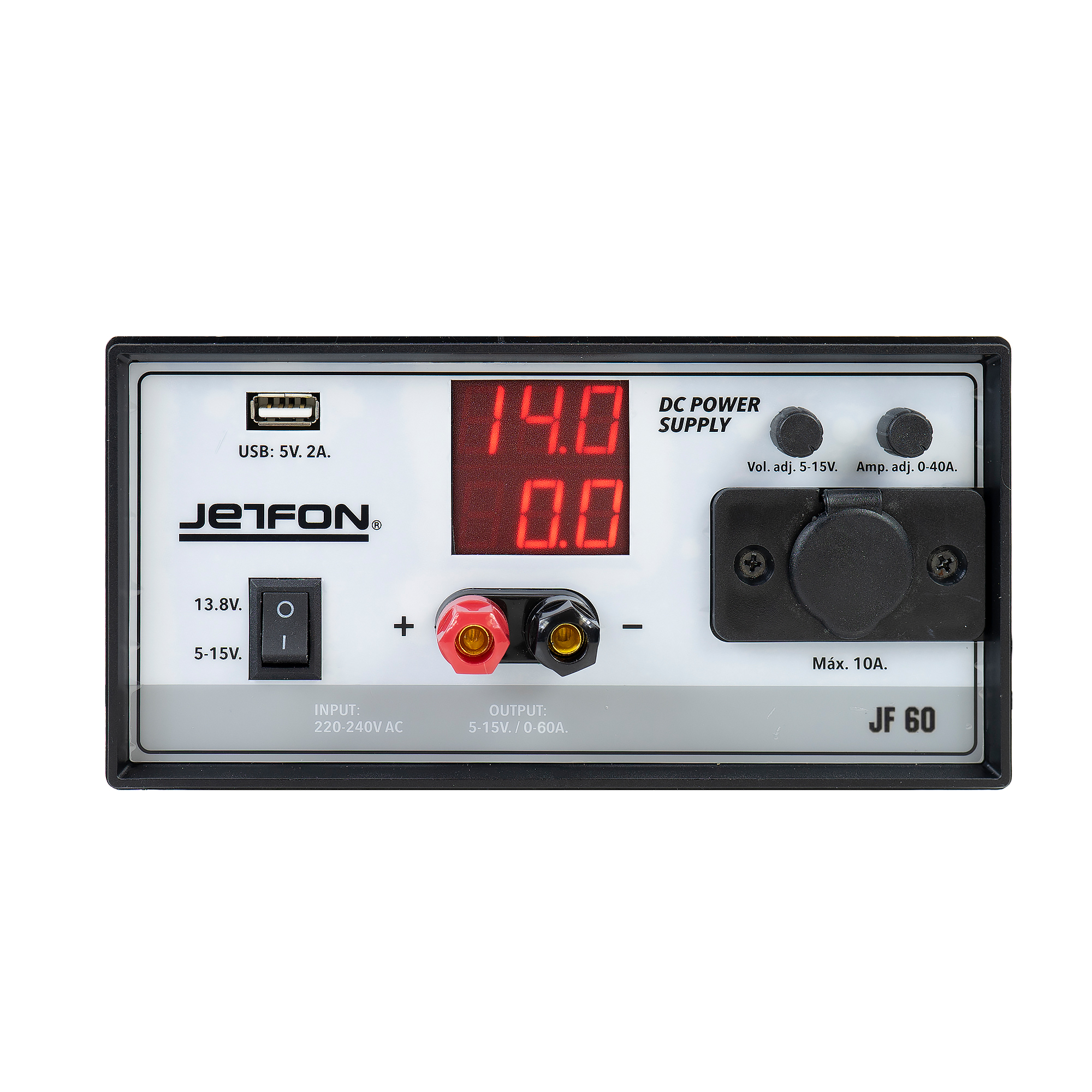 Sursa de tensiune PNI Jetfon JF-60, 5-15V reglabil, 13.8V fix, 5V USB, 0-60A, 220-240V, negru