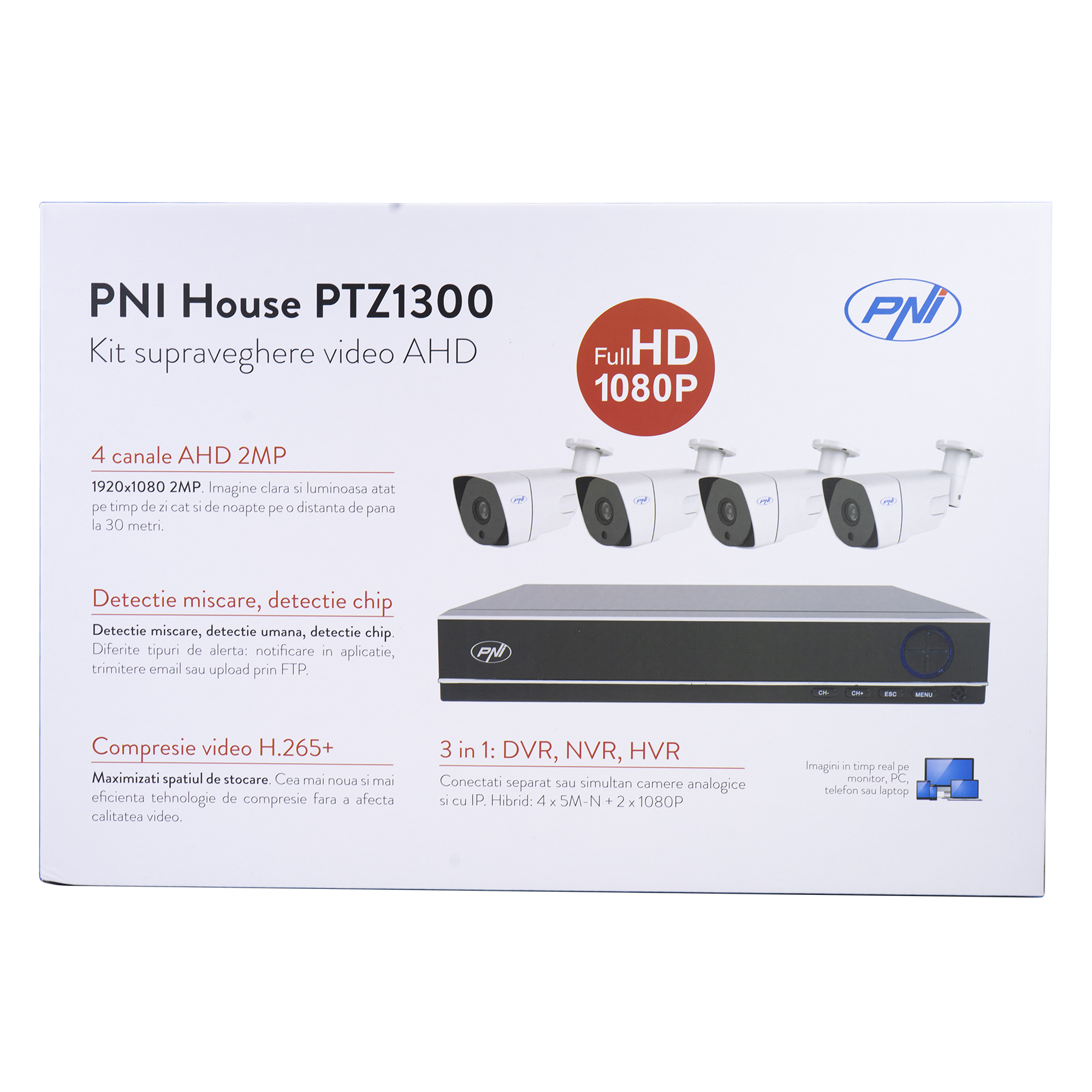 Kit supraveghere video AHD PNI House PTZ1300 Full HD - NVR si 4 camere exterior 2MP full HD 1080P