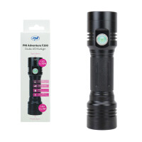 Aluminum PNI Adventure F200 dual LED flashlight, 4000mAh battery and micro USB port, 3 LEDs with large aperture and one with focus, both have 3 power levels
