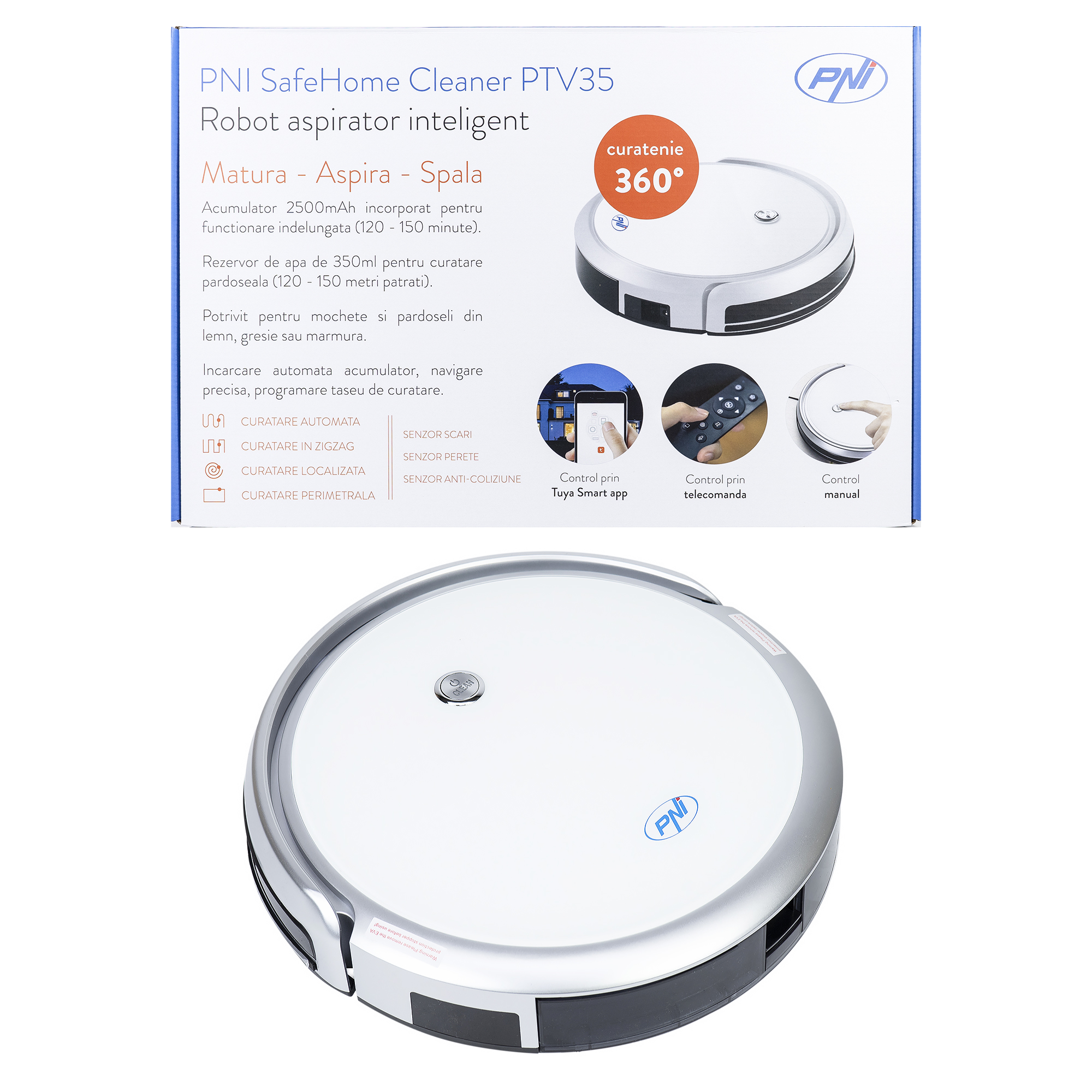 Intelligent robot vacuum cleaner PNI SafeHome Cleaner PTV35 WiFi, 30W, control and programming from the dedicated Tuya Smart application, integration in scenarios and smart automation with other Tuya