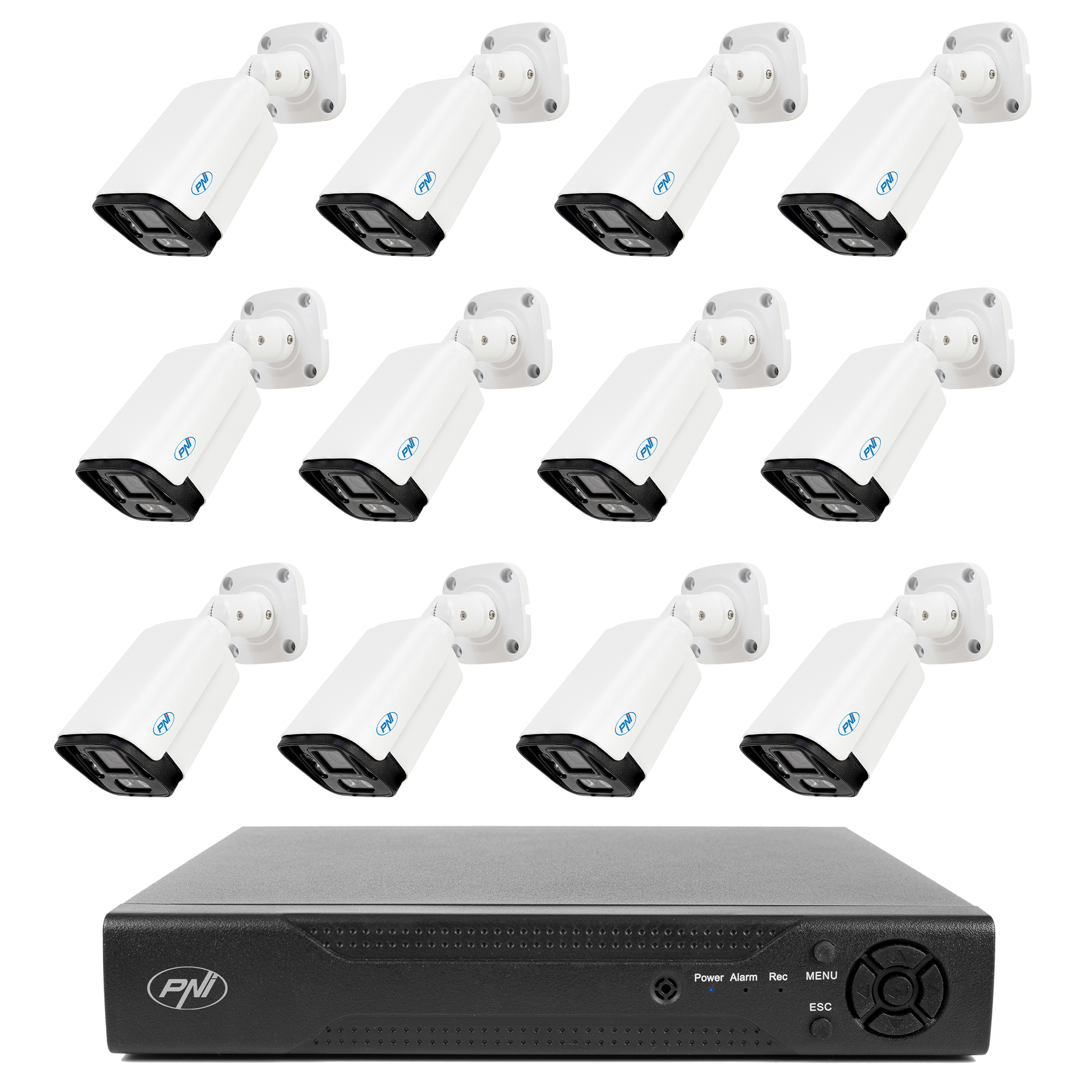 NVR PNI House IP716 video surveillance package, 16 IP channels 4K, H.265, ONVIF and 12 PNI IP125 cameras with IP, 5MP, IP66
