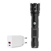 PNI Adventure F10 aluminum flashlight package with LED 6W, 500lm up to 200m focus, with battery and PNI CHG300 power supply with USB C port, QC3.0, PD3.0, PPS and USB-A port, 30W