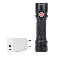 PNI Adventure F200 aluminum double flashlight package with LED, 4000mAh battery, 3 large aperture LEDs and one with focus and PNI CHG300 power supply with USB C port, QC3.0, PD3.0, PPS and USB-A port,