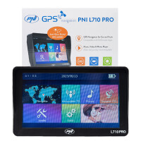 PNI L710 PRO GPS navigation system with sun visor, 7 inch, 800 MHz, 256MB DDR, 16GB internal memory, FM transmitter, with two car chargers included