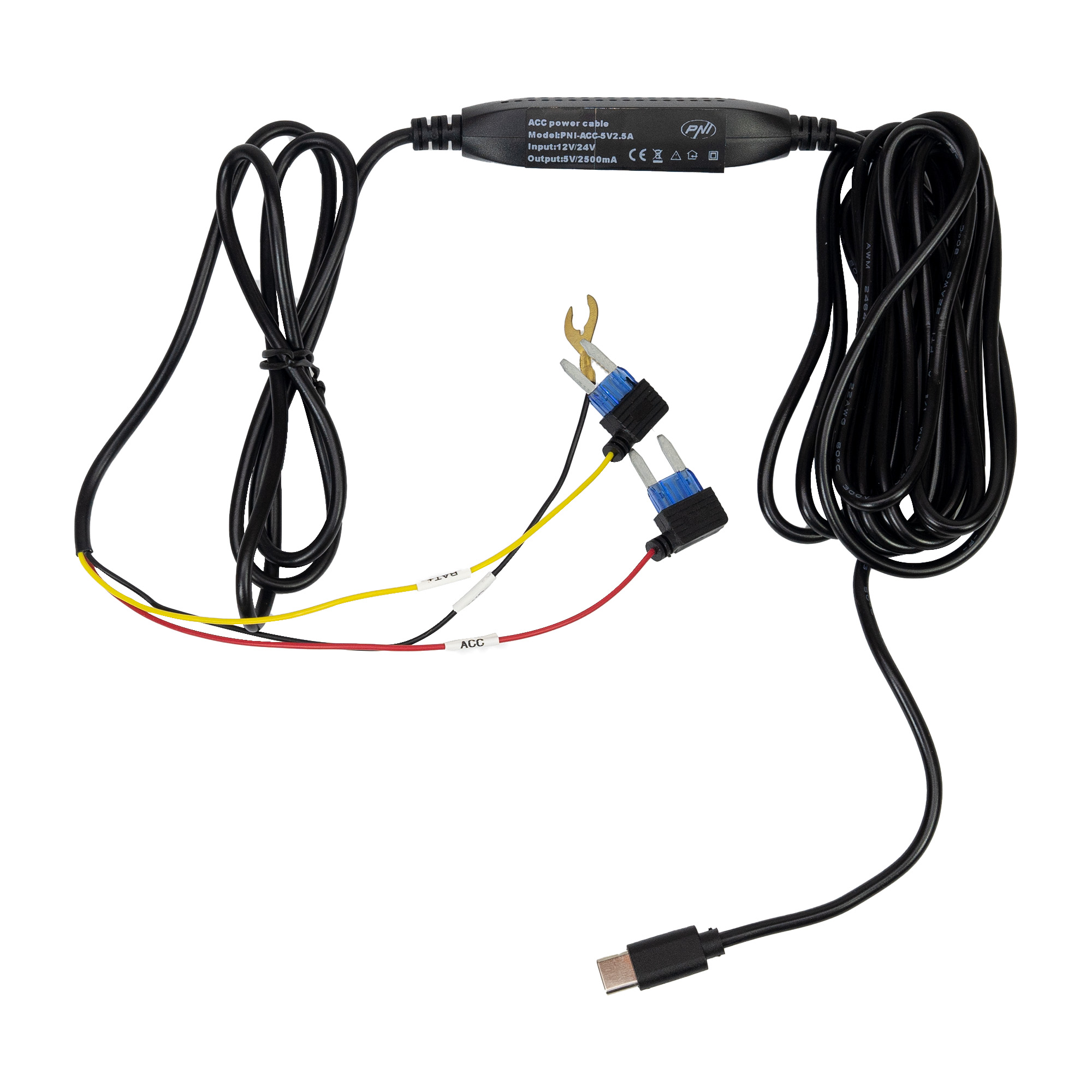 PNI HWK5 direct power cable for car DVRs, 12V/24V input, 5V 2.5A output, low voltage protection, length 3.5 meters