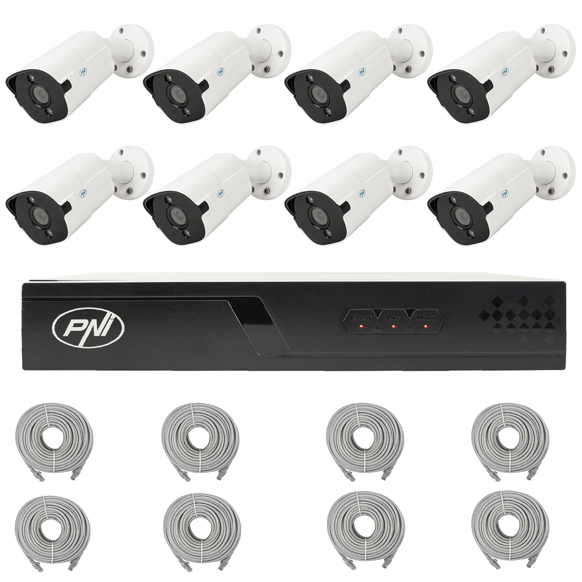 PNI House IP716J POE NVR video surveillance package, 8 PNI IP818J 8MP cameras and 8 20 meter UTP CAT6 cables included