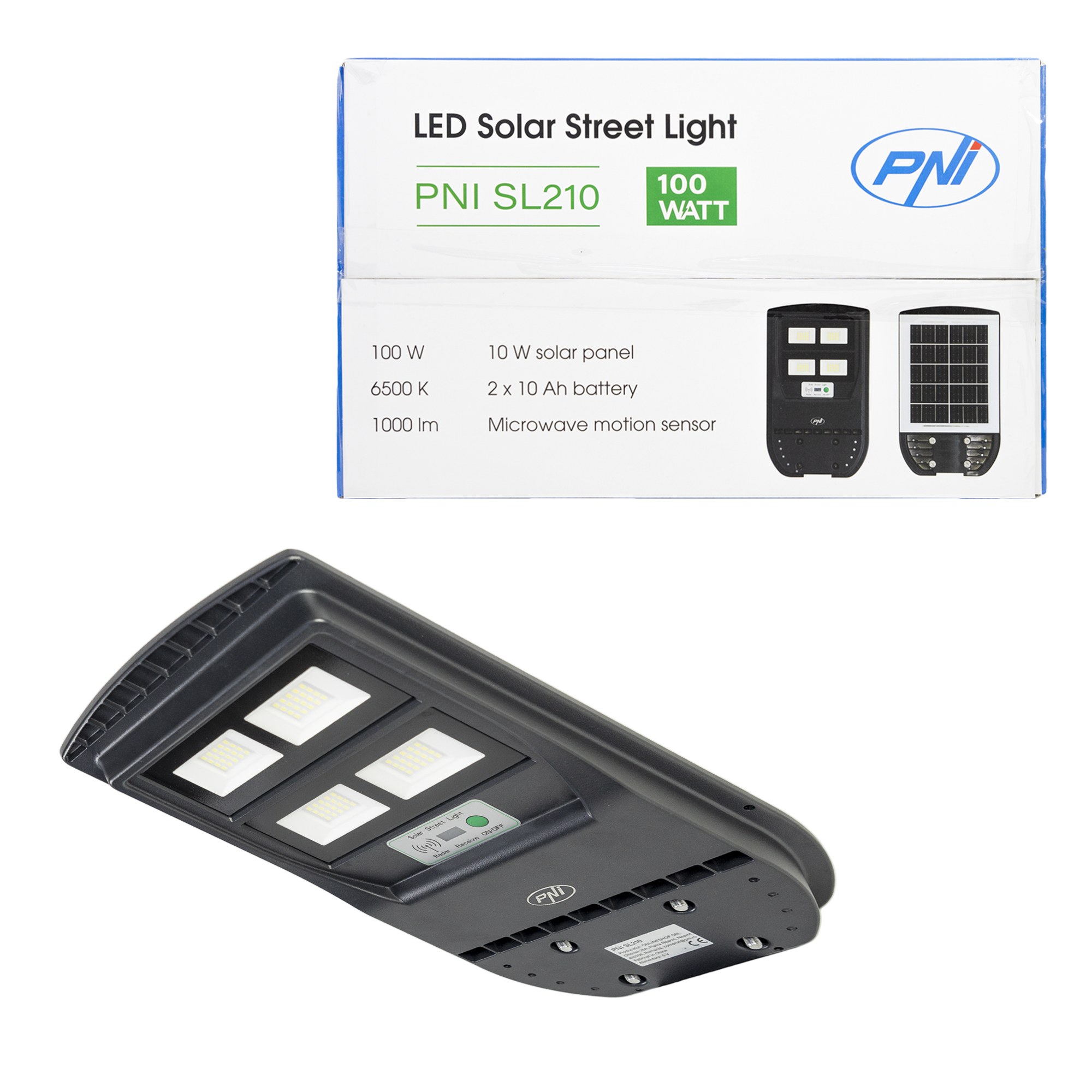 PNI SL210 100W street lighting lamp, with built-in 10W solar panel, 6500K, 1000lm, 2 x built-in 10Ah battery, microwave motion sensor